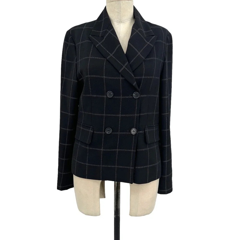 Michael Kors Collection Black Windowpane Check Double Breasted Blazer Size US 6‎